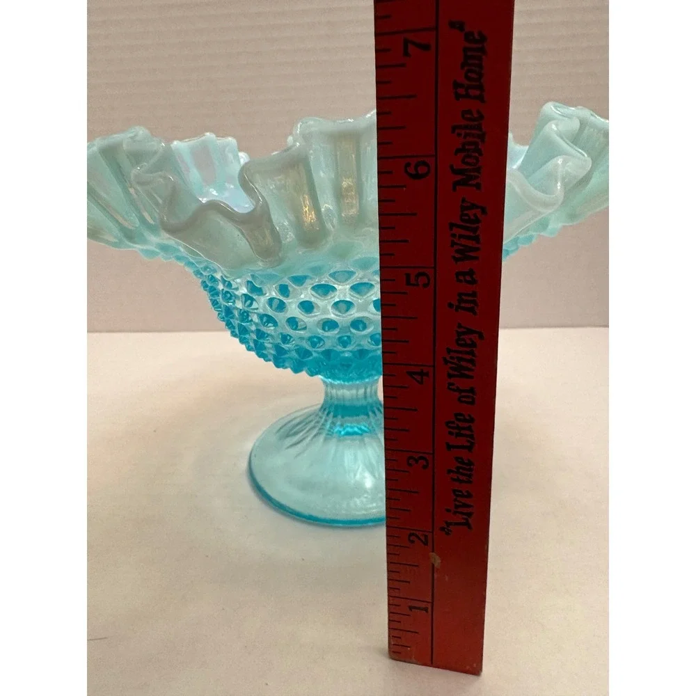 Fenton Blue Opalescent Hobnail Glass Ruffled Compote Pedestal‎ Candy Dish 8